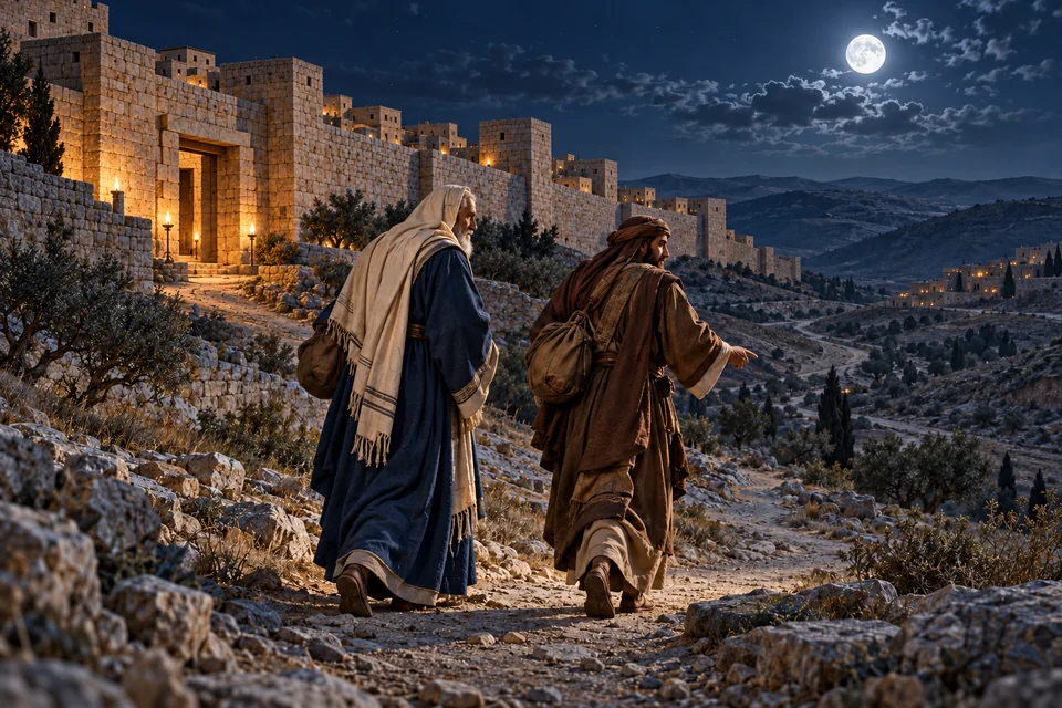 המחשה אמנותית של הורקנוס השני ואנטיפטר יוצאים מירושלים בלילה בדרכם לפטרה