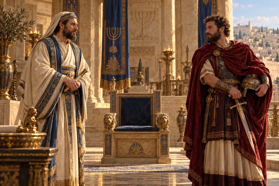 המחשה אמנותית של הורקנוס השני ואריסטובולוס השני משני עברי כיסא מלכות