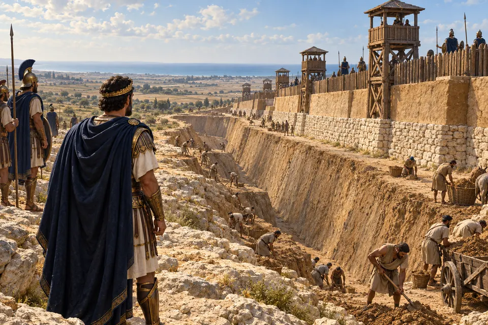המחשה אמנותית של אלכסנדר ינאי משקיף על חפירת תעלה והקמת ביצורי עץ
