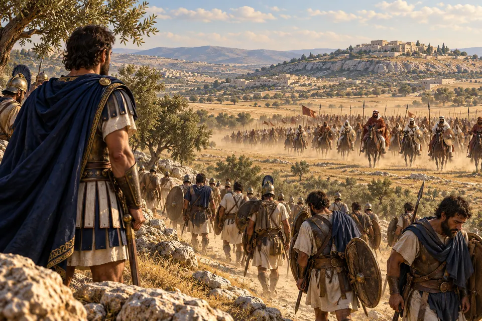 המחשה אמנותית של צבא ינאי מול כוחות חרתת באזור חדיד