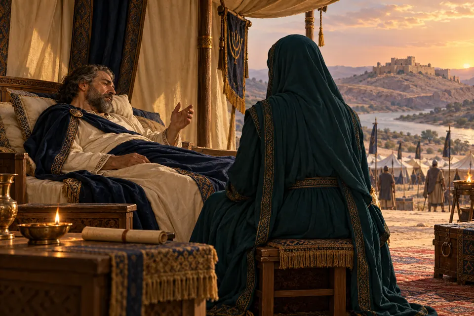 המחשה אמנותית של ינאי החולה משוחח עם שלומציון במחנה צבאי