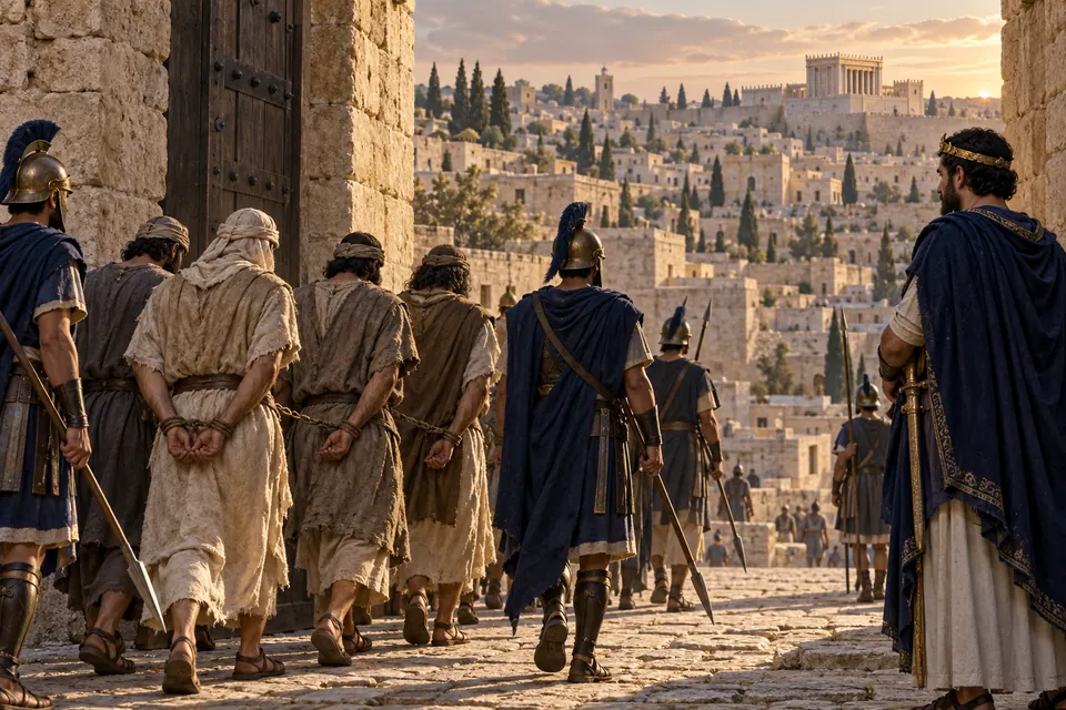 המחשה אמנותית של שבויים המובאים לירושלים בליווי חיילי אלכסנדר ינאי