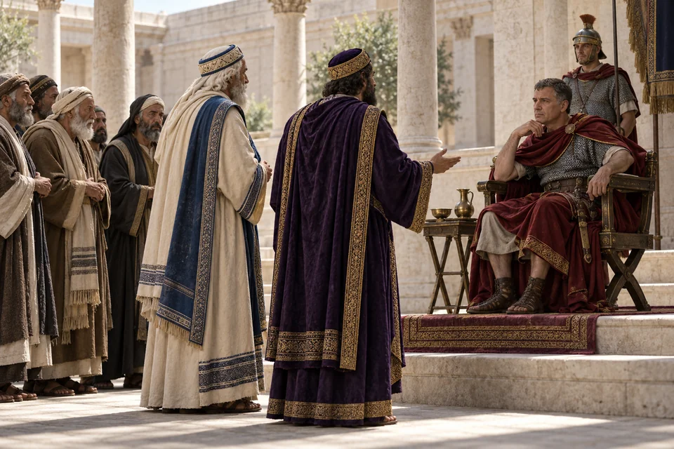 המחשה אמנותית של הורקנוס ואריסטובולוס ונציגים יהודים נוספים בפני פומפיוס בדמשק