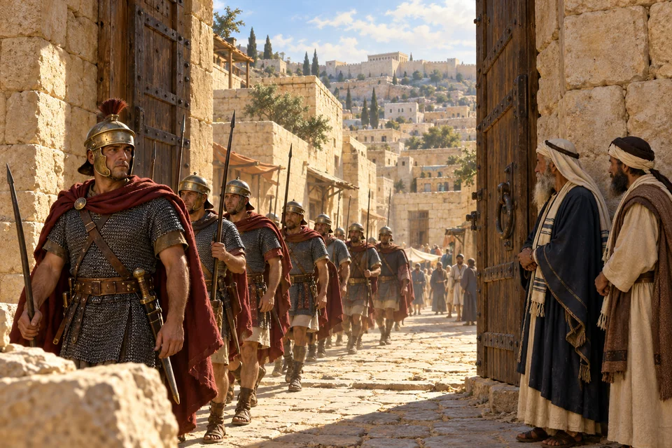 המחשה אמנותית של חיילים רומיים עוברים בשער פתוח בירושלים, לצד אנשי העיר