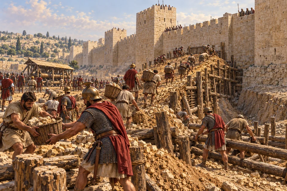 המחשה אמנותית של חיילים ופועלים רומיים מקימים סוללת עפר מול חומות מתחם המקדש