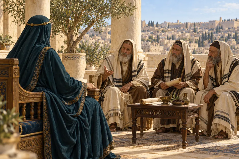 המחשה אמנותית של שלומציון המלכה במפגש עם חכמי הפרושים בירושלים
