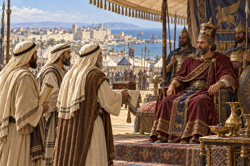 המחשה אמנותית של שליחי שלומציון מביאים מתנות לטיגרנס מלך ארמניה