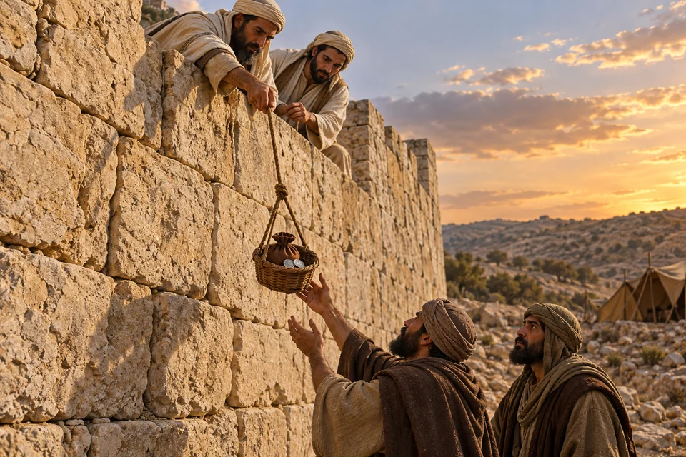המחשה אמנותית של הורדת סל ובו תשלום מן החומה לצורך אספקת קורבנות בזמן המצור