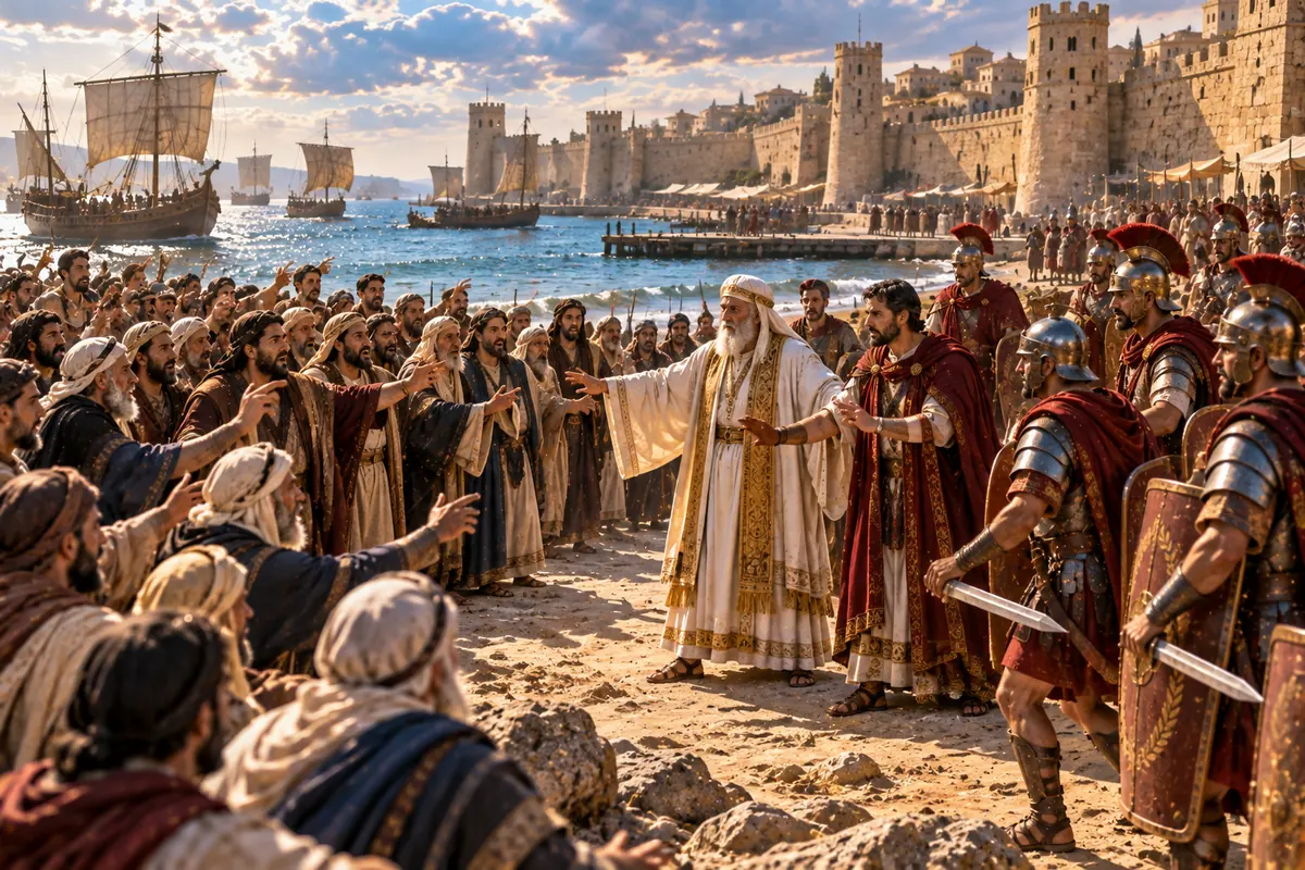 המחשה אמנותית של שליחים יהודים בחוף צור מול הורקנוס, הורדוס והחיילים הרומיים לפני ההתנגשות