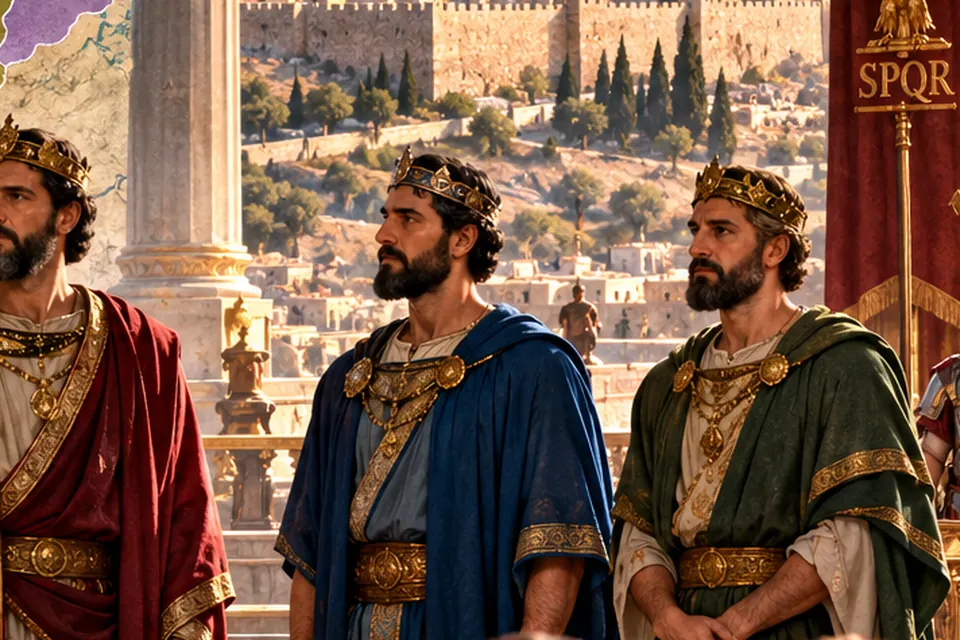 המחשה אמנותית של שלושת בני הורדוס: ארכלאוס, אנטיפס ופיליפוס, לאחר חלוקת הממלכה בהחלטת הקיסר אוגוסטוס